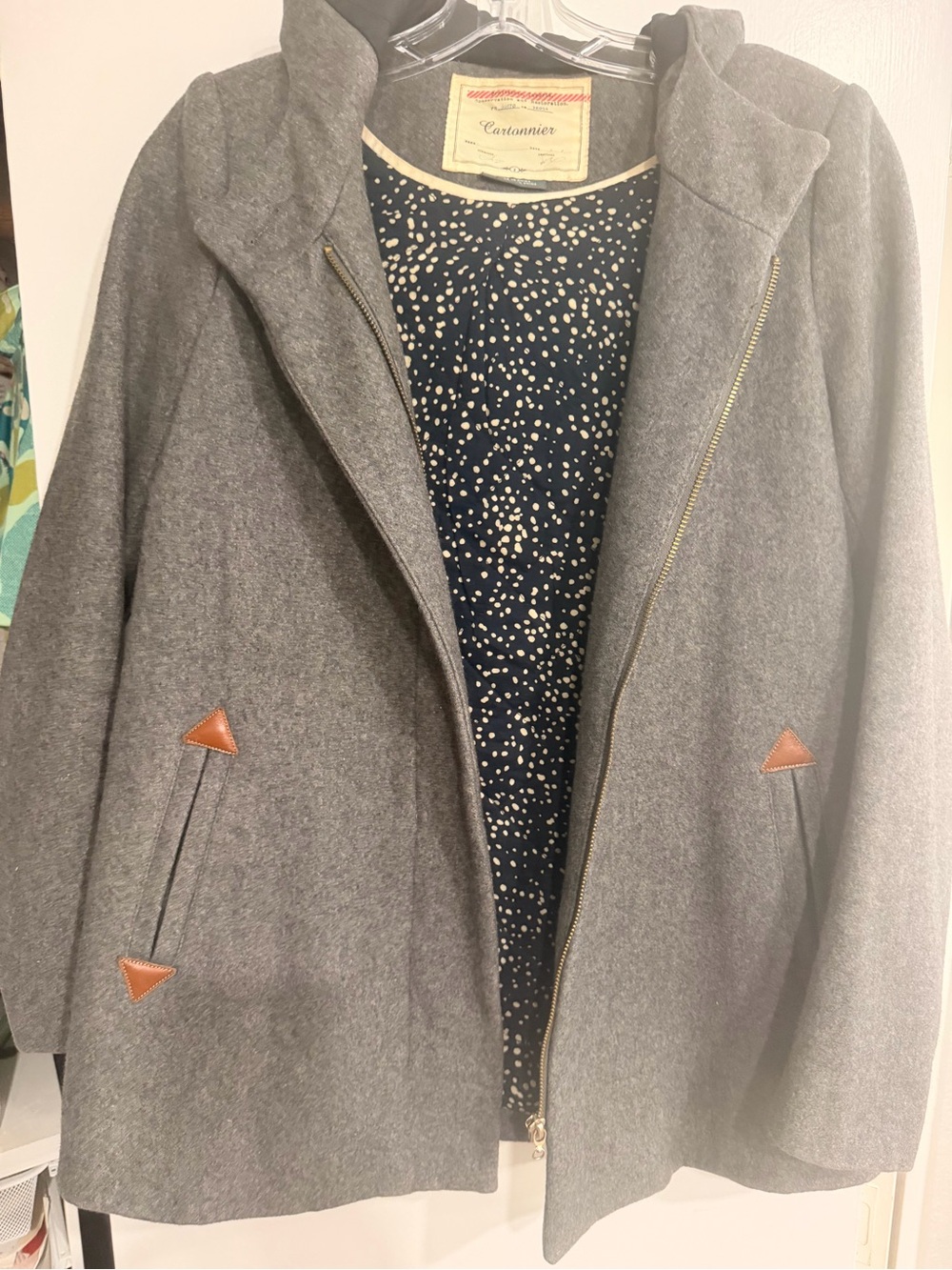 Cartonnier Gray Hooded Wool-Blend Pea Coat with Tan Trim